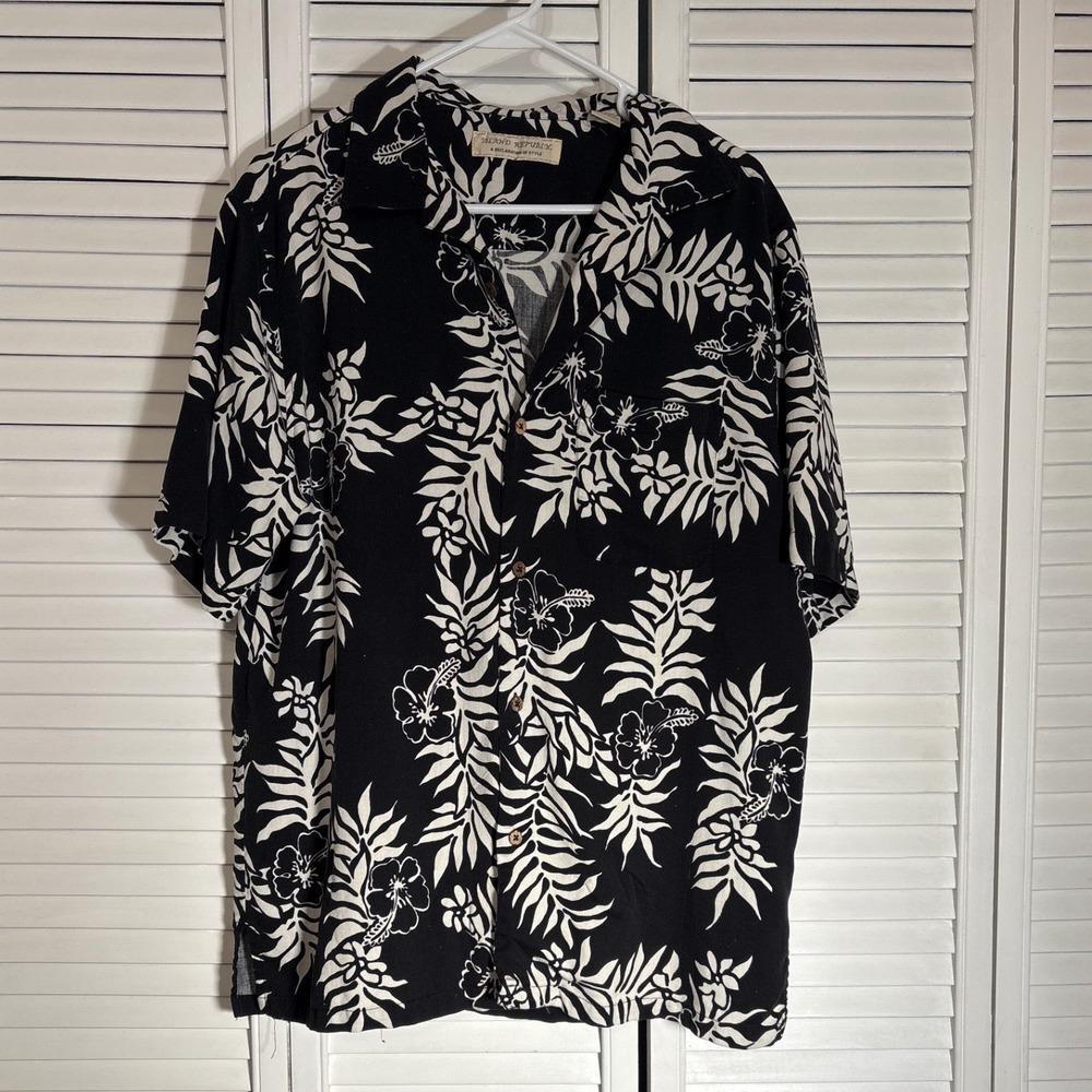 Island Republic Mens Large 100% Silk Tropical Aloha Camp Shirt Black White